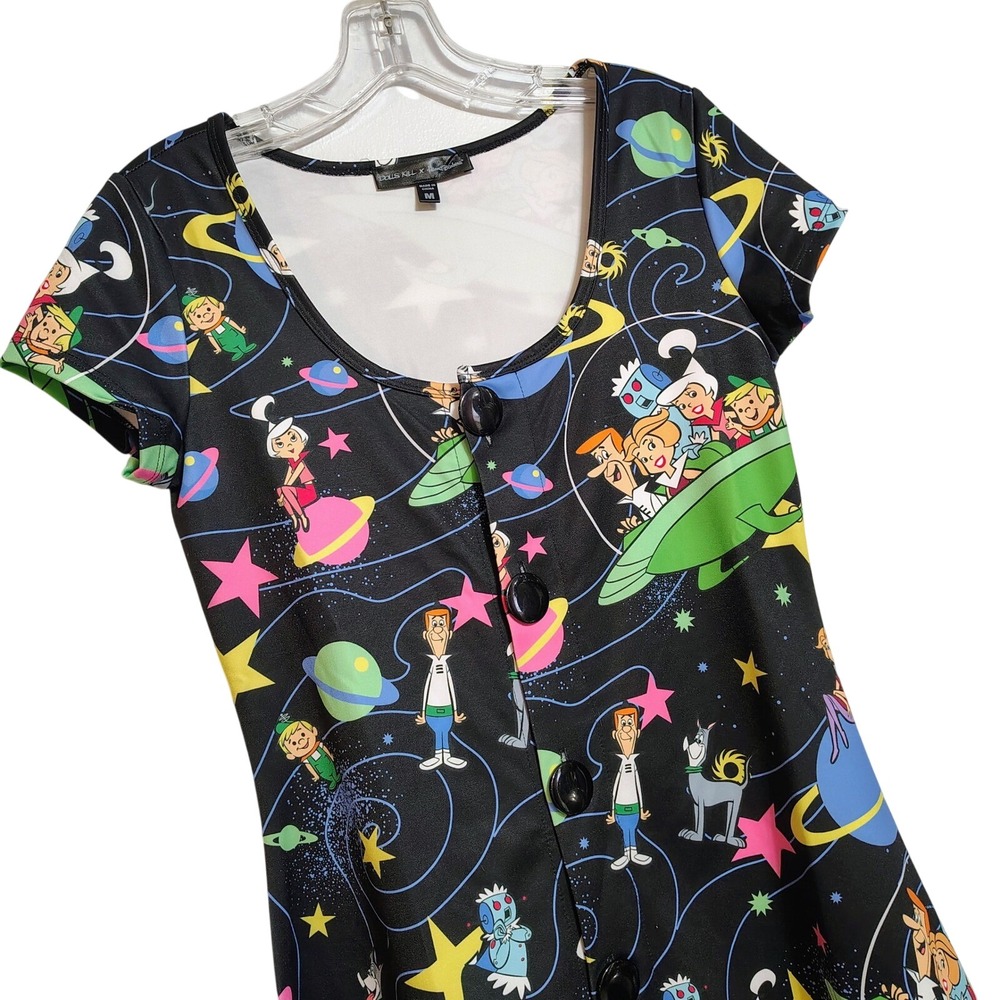 Black Space-Print Mini Dress Colorful 80s kidcore toon Jetsons Dolls kill medium